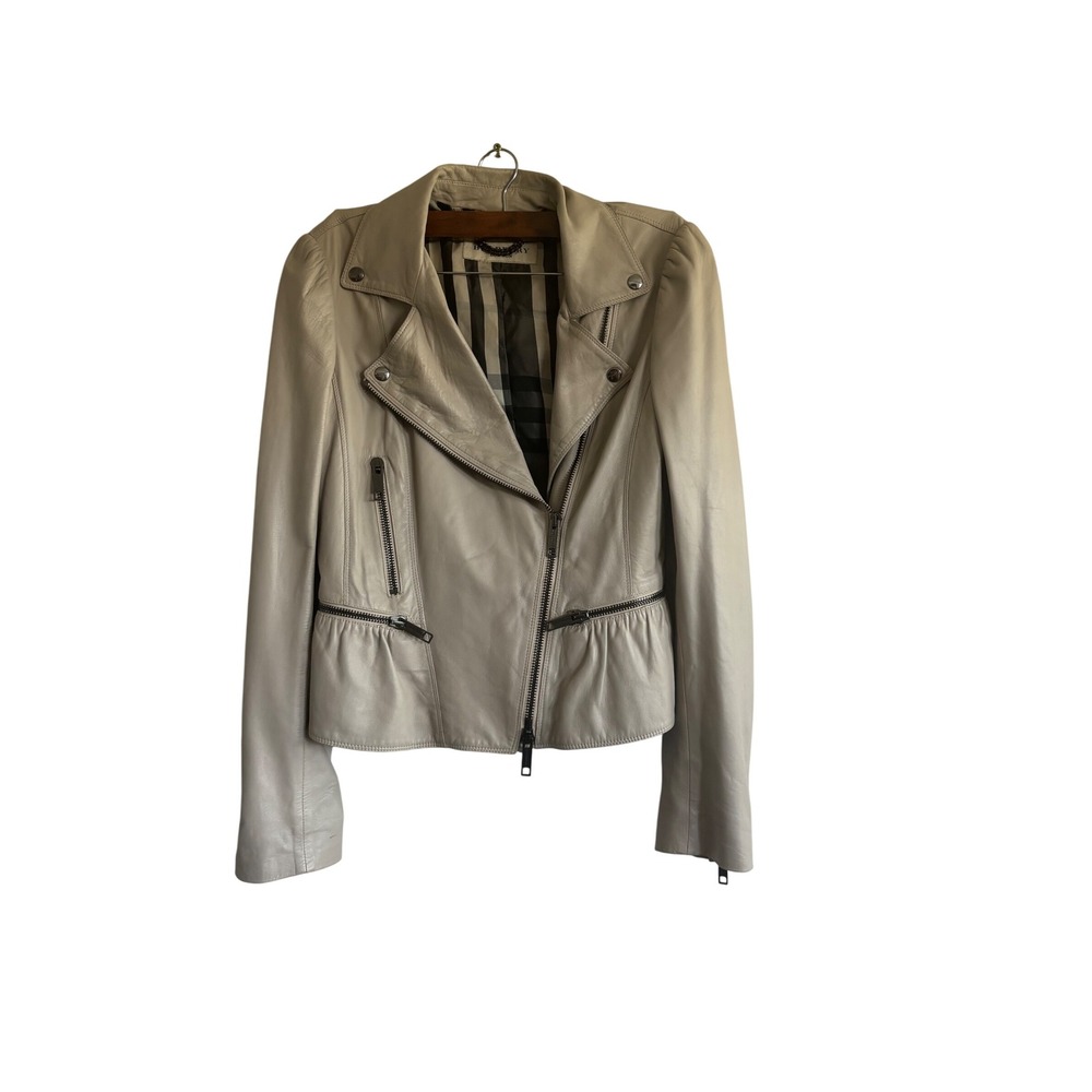 Burberry Stone Leather Moto Jacket with Zip Details